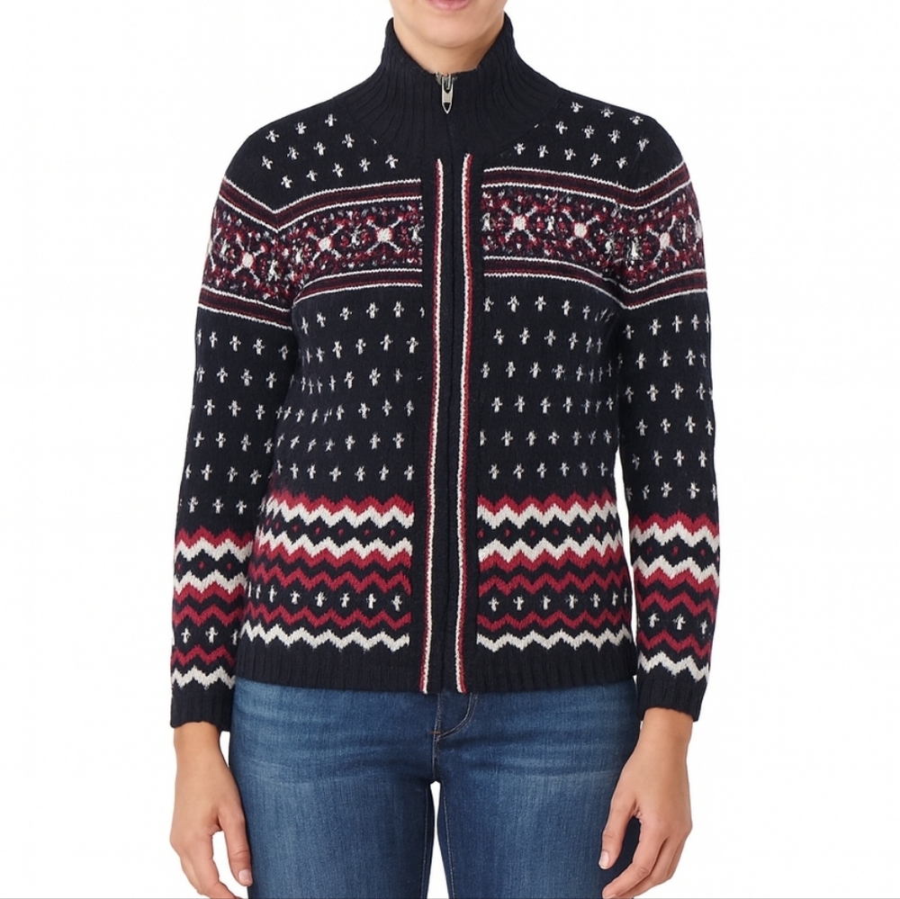Casual Corner Vintage Fair Isles Wool Zip Up Sweater Size L Black Red High Neck